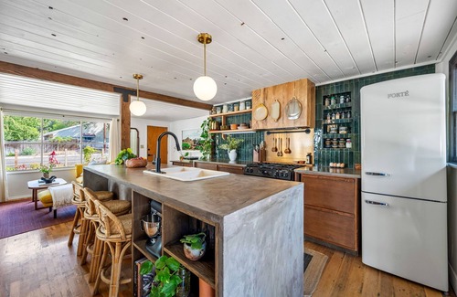 Depot Bench House | Charming Urban Ranch - garden oasis, fire pit in relaxing backyard