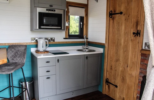 Newcastle-on-Clun Cabin | Cwm Cariad - Shepherds Hut with Hot Tub Sleeping 2 guests, Pet Friendly