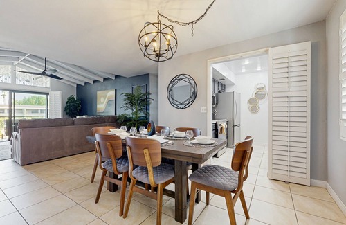 Baristo Condo | Dive into Palm Springs fun with a stylish home base featuring poolside lounging.