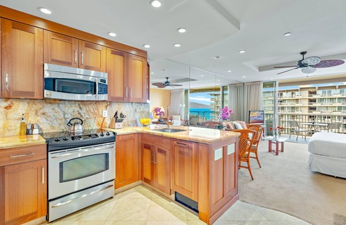 Kaanapali Condo | Maui Resort Rentals: The Whaler 1015 - Gorgeously Remodeled 10th Floor Interior Courtyard Studio, Spectacular Ocean and Mountain Views!