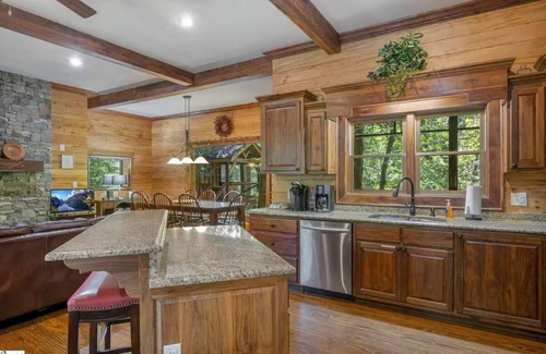 Cleveland Cabin | Riverfront 3BR Cabin minutes to Table Rock. Fire pit, hot tub, and game room.
