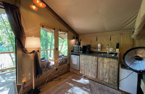 Mill Spring House | Safari Tent nestled in the woods, creek side, furnished balcony, pet friendly, sleeps 5.