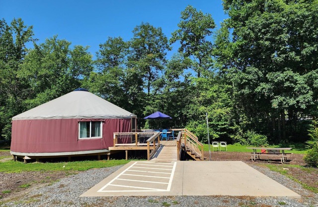 30' ADA Yurt with a large deck, on the creek, full kitchen, dome skylight, dog friendly, 2 bedrooms, sleeps 5.