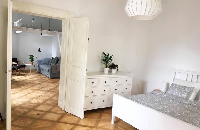 A renovated old-fashioned apartment full of light 5 min from the Charles Bridge.