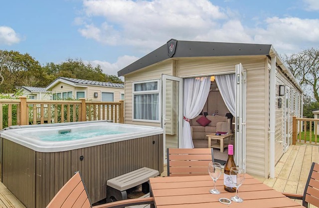 Contemporary caravan with one double and one twin.