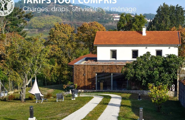 Elegant Modern Cottage with Garden, Terraces, and Pond