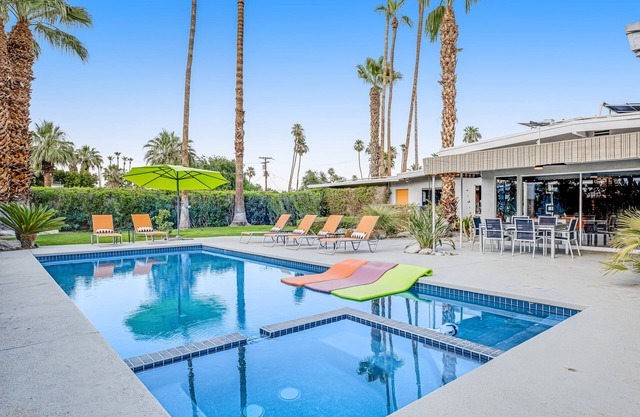 Mid-century modern home with private pool, spa, grill & mountain views