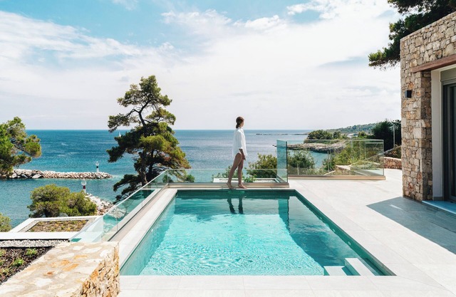Ocean-front villa, private pool in Alonissos island, Greece. Panoramic sea view.
