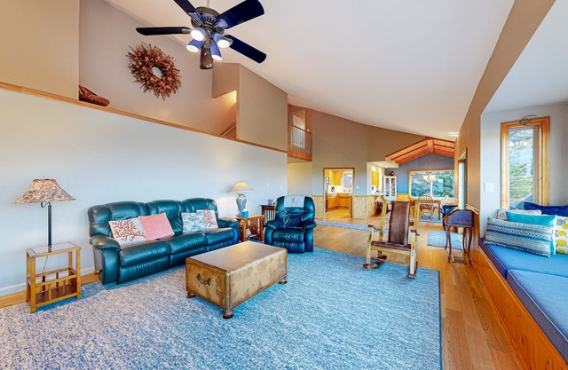 Ocean view home with fireplace, deck, private hot tub & grill