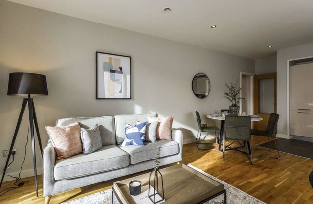 One bedroom with a double bed, bathroom and kitchen with spacious living space.