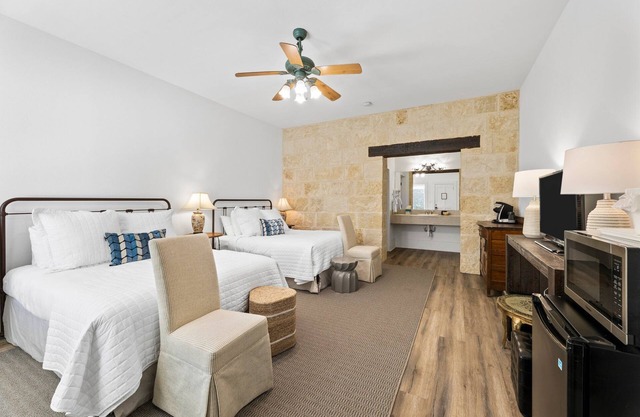 Room with Two Queen Beds, microwave, mini-fridge, gas fireplace and porch