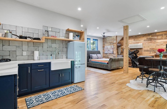 Studio above a detached garage away from main house on a private lot.