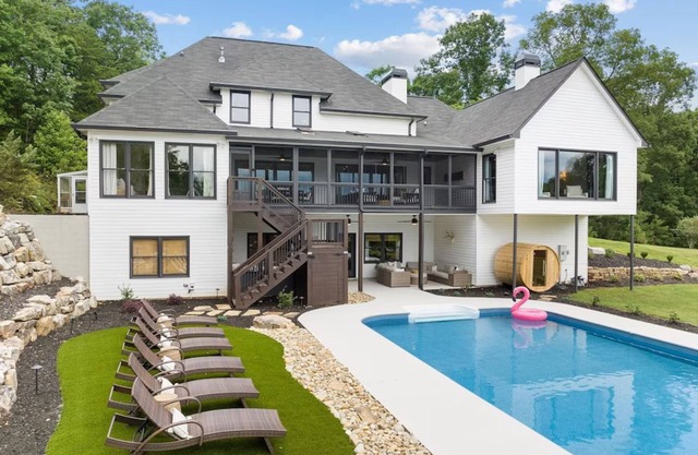 Stylish mountain view estate with private pool, firepit, two kitchens, & AC