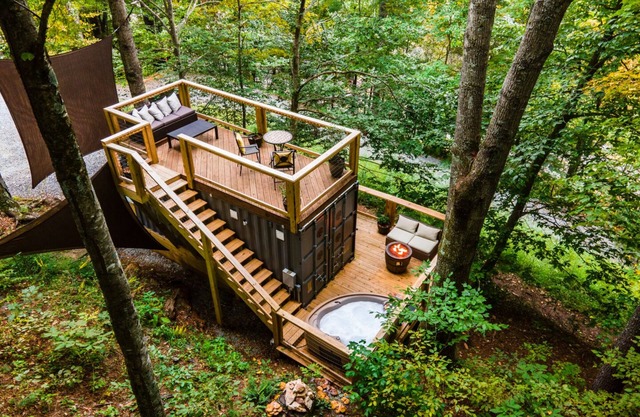Tiny Container Home Retreat with Hot Tub, Fire Table, Dining Area, and Views!