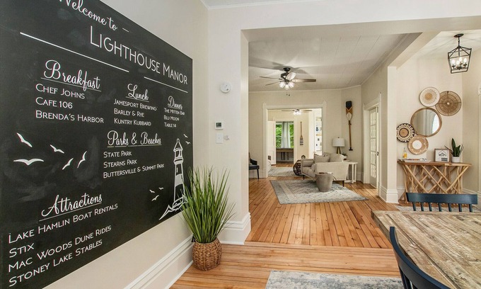 Ludington House | A block from the beach! Sleeps 20! Hot Tub, Game Room!