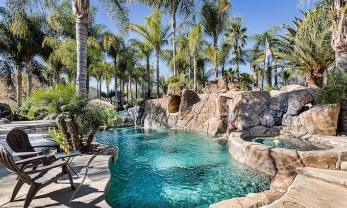 Menifee House | Amazing Pool Oasis Getaway with waterfall & slide! Instagram- resortliving4you