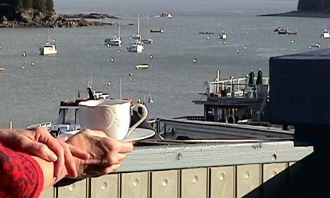 Bar Harbor Apartment | Bar Harbor downtown suite features covered deck with waterview