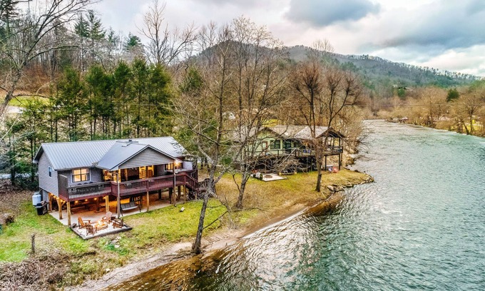 Sylva House | Charming Riverfront Retreat With Deck, Yard, Private Hot Tub, Fireplace & Grill