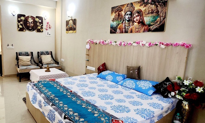 Vrindavan Apartment | Charming studio in enchanting Vrindavan with AC, kitchenette,TV & pretty Balcony