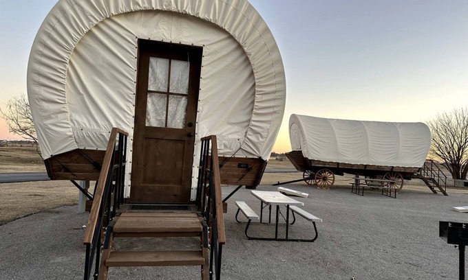 South Oklahoma City House | Cozy Conestoga Covered Wagon for 6 on Oklahoma Farm, for Memorable Glamping Vacations
