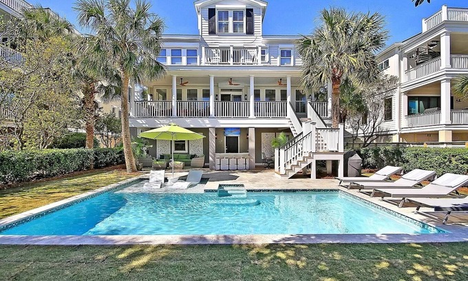 Isle of Palms House | Exclusive 5K sq ft Home w/Backyard Oasis & Salt Water Heated Pool, Steps 2 Beach