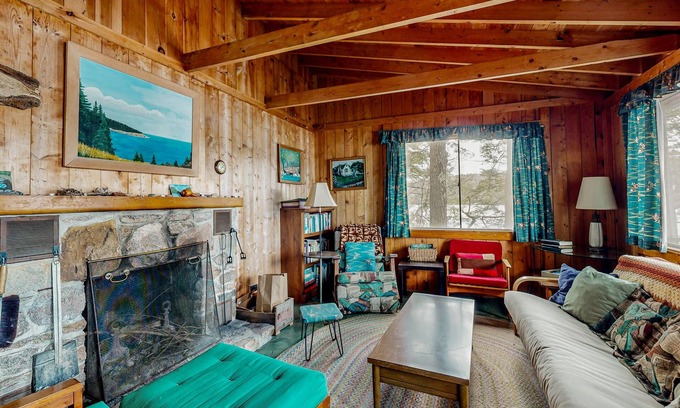 Mount Desert Cabin | Lakefront cabin on Long Pond with wood fireplace, deck, lake views, books