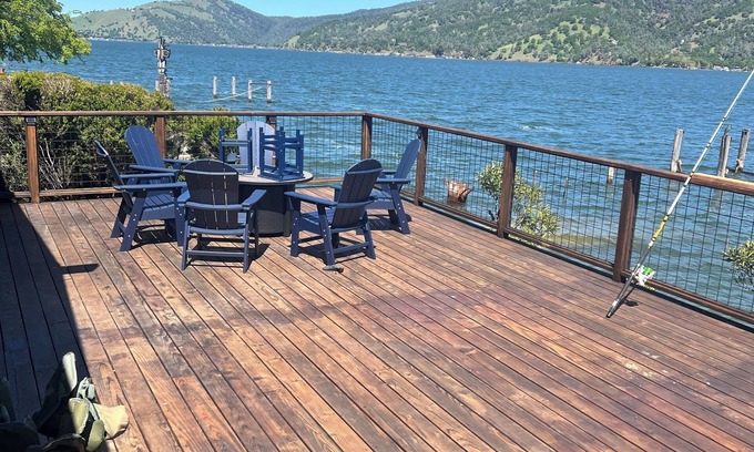 Clearlake House | Lakefront Cabin with A/C, Private Beach, Boat Launch & 180° Views of Clear Lake