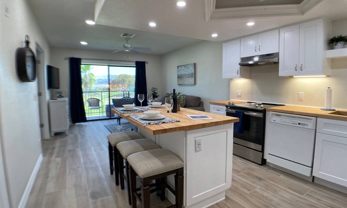 Lake Havasu City Condo | NEW! Modern Condo in Queens Bay with Amazing Views.