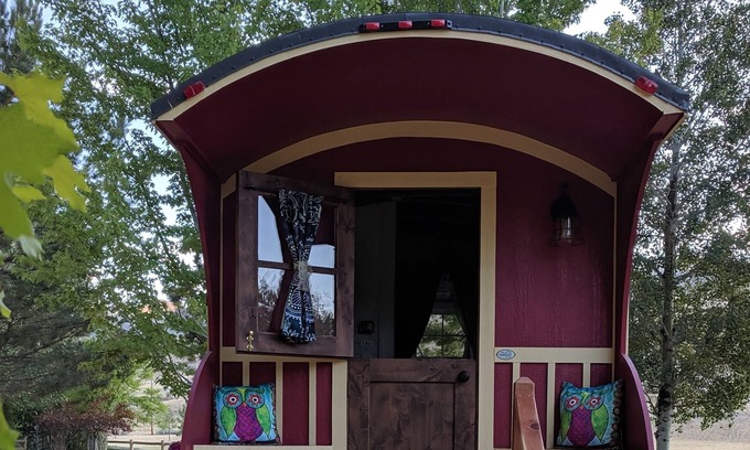 Salmon House | No Fees! Riverfront Red Gypsy Wagon on Mini Donkey Ranch!