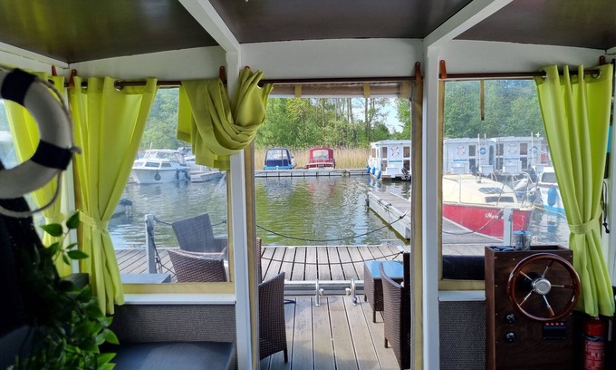Priepert Boat Rental | Raft 'Priepert 2' at the Mecklenburg Lake District with Covered Terrace