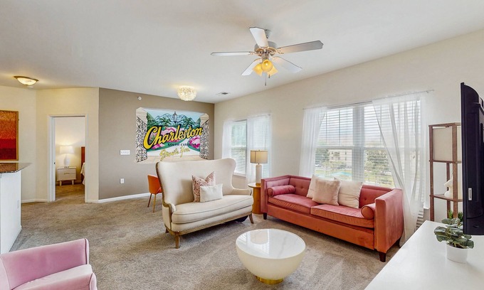Goose Creek Condo | Stylish 2BR: Pet Friendly in Walkable Resort with a Pool
