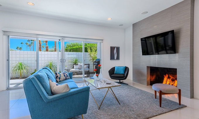 Canyon Corridor Condo | The Cleopatra! Midcentury! Single Story! Private Patio! 2 Beds + Den! Pool! Spa!