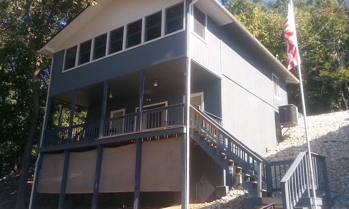 Camdenton Cabin | Waterfront lake home, dock, quiet swim cove next to The Cave Restaurant + many